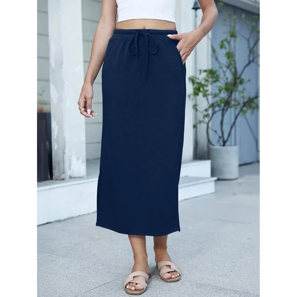 Women's Navy Blue Drawstring Side Slit Spring Casual Pencil Pockets Maxi Skirt - Picture 5 of 6